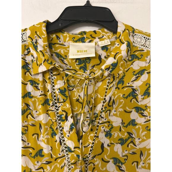 MAEVE By Anthropology Janie Hare Print Flouncy Ruffle Hem Crochet Trim Blouse 4 - Picture 5 of 16